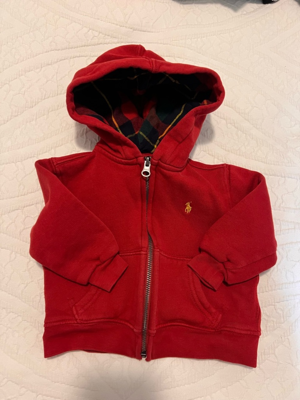 Ralph Lauren Red Hooded Zip Sweatshirt with Plaid Lining